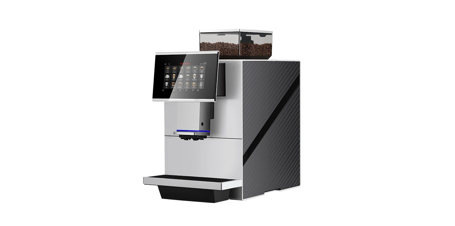 Silver and black Dr. Coffee F15 automatic coffee machine with touchscreen and fresh-bean hopper