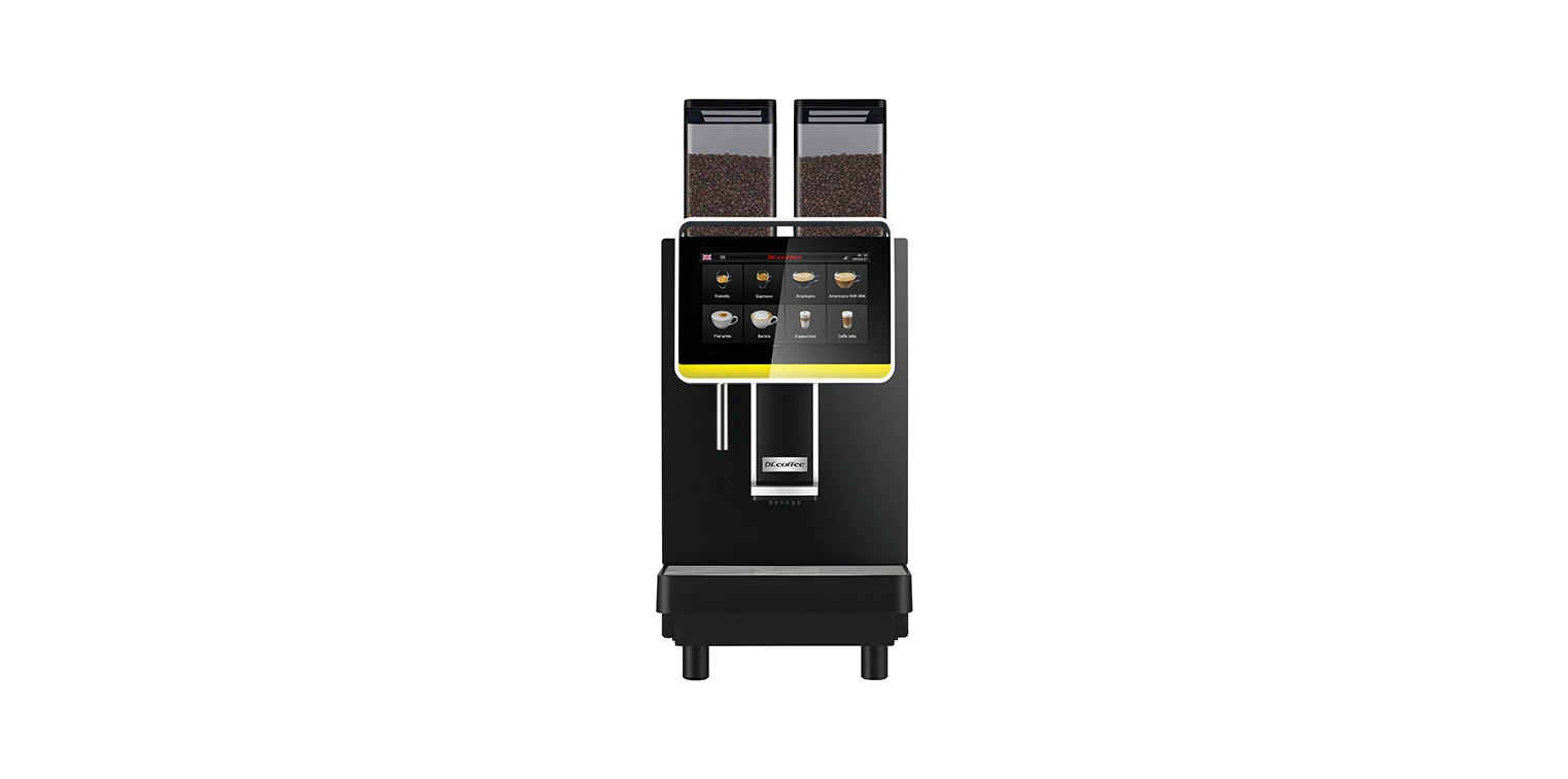 Black Dr. Coffee F2-H fresh-milk coffee machine with twin bean hoppers and a large touchscreen